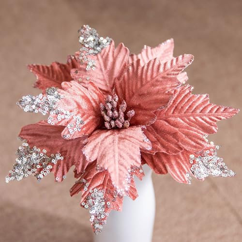 Anevous 1 Stück Pailletten Weihnachten Blumen, Glitzer Künstliche Weihnachtsstern, Künstliche Blumen zu Weihnachten, Deko Blumen für Weihnachtsbaum, Hochzeit, Ornamente,Rosa