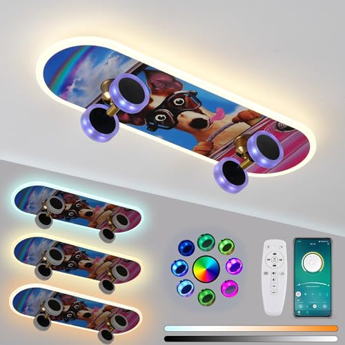 Kinder zimmerlampe decke, LED Kinderzimmer Deckenleuchte Kinderzimmer Deckenlampe, Interessant Kinder Skateboard Lampen mit RGB Fernbedienung Dimmbar & APP, Kinderzimmerlampe decke, Kinderlampe decke