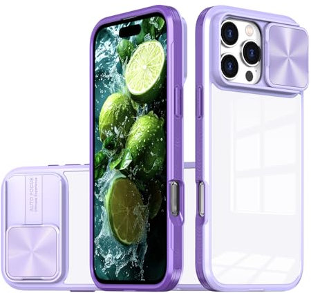 Dqtaoply Phone Camera Cover for iPhone 16 Pro Case, Clear Back + TPU Silicone Frame Heavy Duty Shockproof Protection Slide Camera Cover Case for iPhone 16 Pro - Purple