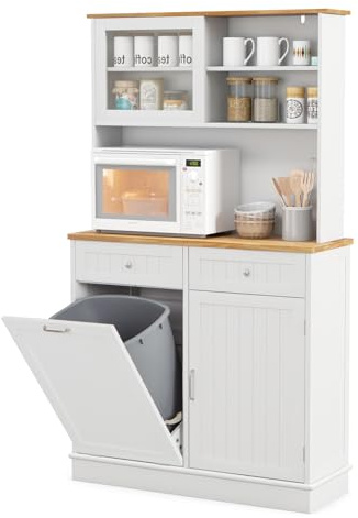 Grande poubelle inclinable de 70 l avec étagères réglables, porte coulissante en verre et dispositifs anti-basculement pour placard de cuisine autonome avec comptoir en bois d'hévéa et tiroirs pour le