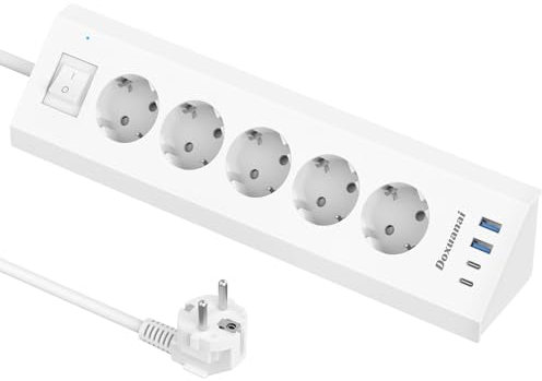 Steckdosenleiste mit USB C, 5 Fach Mehrfachsteckdose mit 2 USB A und 2 USB C(5V 3,4A 17W) Ecksteckdose mit Schalter mit 2m Kabel,für Küche, Büro -Weiß