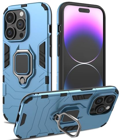 RIIMUHIR Case for iPhone 14 Pro Max, Shockproof Cover with 360° Metal Ring Stand, Anti-Scratch Hard Protective Case, Full Body Bumper Case with Camera Protection (Blue)