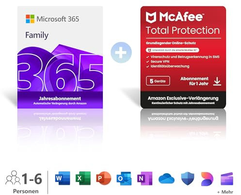Microsoft 365 Family │ 1 Jahr │ bis zu 6 Personen │ Office Apps mit KI | bis zu 6 TB Cloudspeicher | verlängert für 129,99€ + McAfee Total Protection | 1 Jahr | 5 Geräte │ verlängert für 108,10€