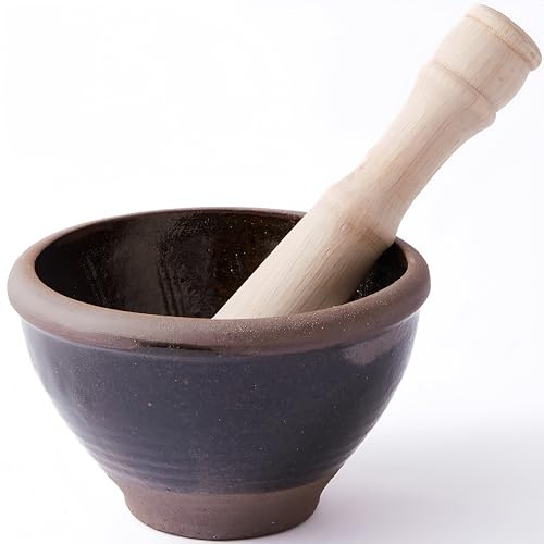 Mortier et pilon thaïlandais – Petit mortier en argile avec pilon en bois pour salade de papaye, pâte de curry et broyage d'épices de style thaïlandais
