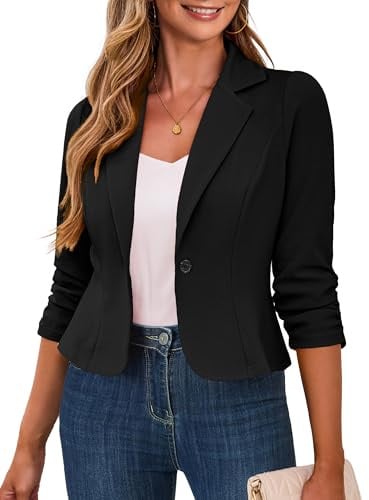 Traleubie Black Cropped Blazer Lapel Collar 3/4 Sleeve Business Work Casual Suit Jackets for Women L