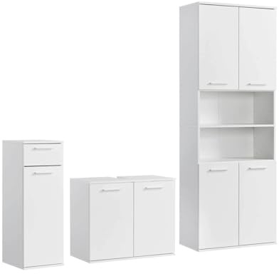 mokebo Badmöbel Set 'Der Steuermann' (3-teilig) Made in Germany, Badezimmer Set aus Holz in Weiß, Komplettset mit Unterschrank, Beistellschrank & Hochschrank, Badezimmerschränke