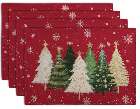 Wnoesat Red Christmas Tree Placemats Set of 4, 12x18 Inch Xmas Trees Snowflakes Winter Holiday Place Mats Seasonal Washable Linen Table Mat for Indoor Outdoor Kitchen Dining Party Decor