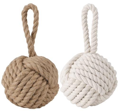 YIXNSW Cale Porte Butoir de Porte Lot de 2 en Corde - 14x14x28 cm - Design Nœud Maritime Marron/Beige - Pour Portes et Fenêtres