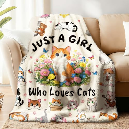 WADORN Nettes Katzen Kuscheldecken, Niedliche Kätzchengeschenke Für Frauen Einfach EIN Mädchen Das Katzen Liebt Aquarellbedruckte Kätzchen Weiche Flanell Fleecedecken Für Katzenliebhaber 150x130cm