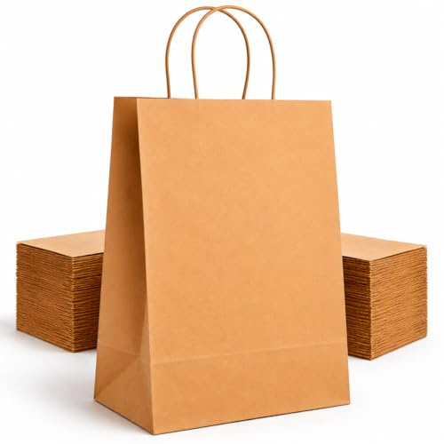 HURUC Brown Paper Bags with Handles 200 Pack Large 130 GSM | Strong kraft paper bags for shopping, retail, takeaway, gifts and everyday use.