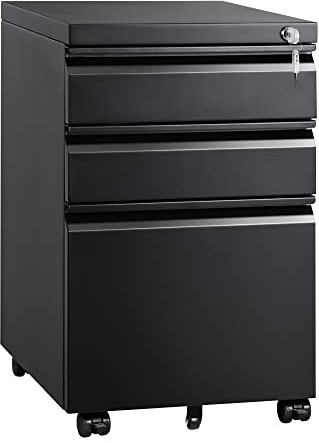 DEVAISE 3 Drawer Mobile File Cabinet with Lock, Under Desk Metal Filing Cabinet for Home Office/Legal/Letter/A4 File, Fully Assembled Except Wheels, Black