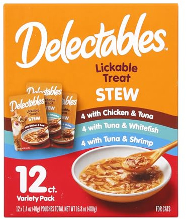 Delectables Lickable Treat Stew Wet Cat Treat Variety Pack, Food Topper, Hydrating, Grain-Free, No Fillers, No By-Products, No Added Preservatives, 1.4oz Pouch, 12ct