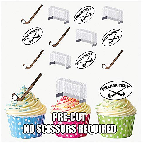 AK Giftshop Essbare Cupcake-Topper/Kuchen-Dekorationen mit Feldhockey-Motiv, vorgeschnitten, 12 Stück