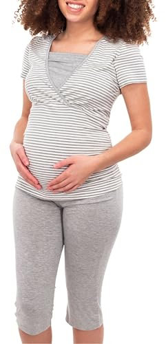 Herzmutter Pyjama Grossesse - Pyjama Maternité Allaitement - Vêtement de Nuit - pour Femme Enceinte - Pyjama Ensemble Maternité - Pantalon midi - Manches Courtes - 2600 (XL, Blanc/Gris)