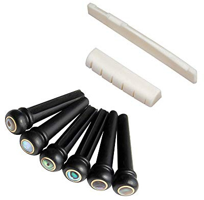 Wood Ebony Abalone & Brass For Guitar Bridge Pins String Pegs & Guitar String End Slotted Bone Nut Bridge Saddle Set