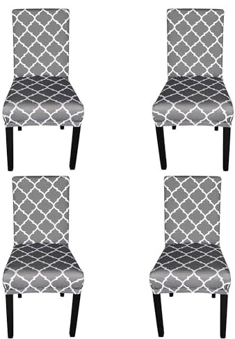 Printed High-Back Chair Covers for Dining Room Chairs – Spandex Stretch, Universal Armless Chair Protective Slipcover for Kitchen, Wedding, Party, Banquet & Hotel, Trellis Pattern - Grey, Pack of 4