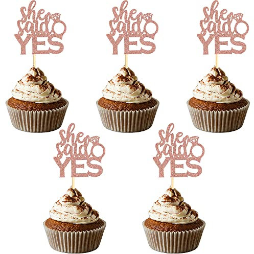 Sumerk Cupcake-Topper mit Aufschrift She Said YES, Roségold, Glitzer, für Hochzeit/Brautparty, Cupcake-Picks, Party-Dekoration, 24 Stück