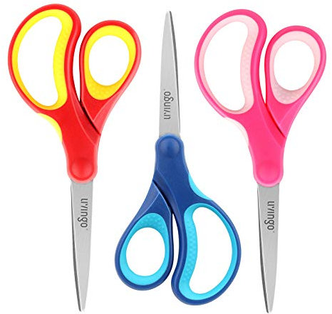 LIVINGO 7 Left and Right Handed School Stationery Scissors, Sharp Stainless Steel Pointed Tip Blades Crafting Shears for Kids Childrens Students Adult Office Craft, Soft Touch, Assorted Color, 3 Pack