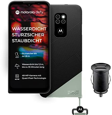 Motorola Moto Defy Outdoor Smartphone (6,5” kratzfestes HD+ Display, 48MP Quad-Kamera , Android 10 (Upgrade auf 11), 5000mAh, 4/64GB, wasserdicht und sturzsicher, MIL SPEC 810H) grün inkl. Kfz-Adapter
