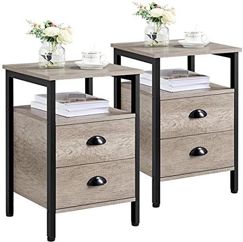 Yaheetech Lot de 2 Tables de Chevet Table d'Appoint en Bois Style Indistriel Pied en Métal Hauteur Réglable 2 Tiroirs 1 Compartiment Ouvert pour Chambre Salon Gris