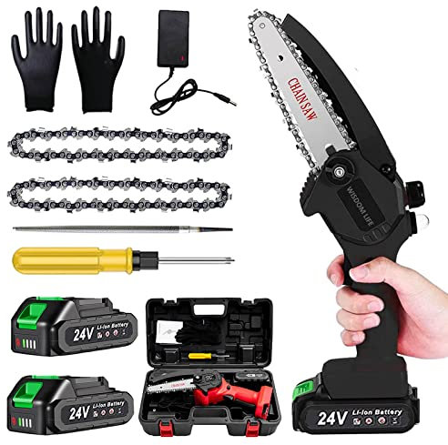 Motosierra Eléctrica Bateria 6 pulgadas Mini Motosierras Bateria Motosierra de mano Inalámbricacon 2 baterías y 2 cadenas para Cortar Madera, Jardinería y Podar, Black mini chainsaw