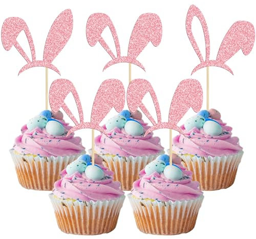Gyufise Cupcake-Topper mit Osterhasen-Ohren, rosa Glitzer, Hasen-Kuchenaufsätze, Happy Easter, Kuchendekorationen für Hasen, Ostern, Frühling, Geburtstag, Babyparty, Party-Dekorationen, 24 Stück