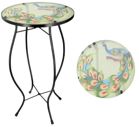 Faboer Iron/Glass Round Side Coffee Patio Table Mosaic Design Patio Garden Flower Plant Stand Coffee Stand Table (Peacock)