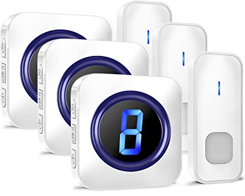 Doorbell, 1,300ft Waterproof Plug in Wireless Door Bells with 3 Cordless Battery Operated Buttons with 55 Melodies, 5 Volume Levels LED Digital Number Display for Home with 3 Receivers