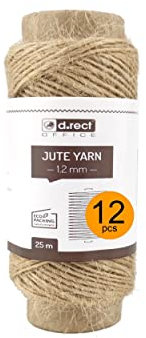 D.RECT 25m Jute-Schnur - 12 Stück | Natur Braun Jute-Kordel | Packschnur Geschenk-Band Bastelschnur Dekokordel | 1.2mm Dicke | Für: Verpackung, DIY Kunst-Handwerk, Floristik, Dekoration