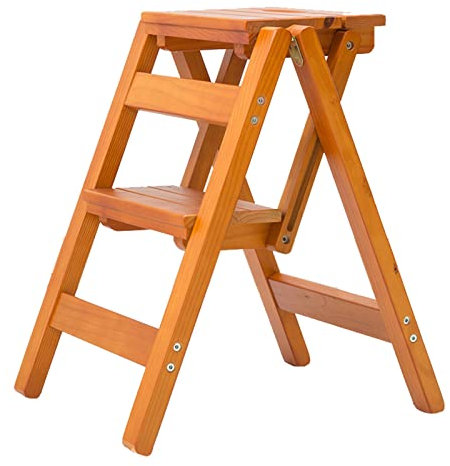 Wooden Ladder Chair Multifunction Foldable 2-step stepladder,Multifunctional Wooden Stepladder for Kitchen Home Garden Office Ladder Chairs Shelf - walnut color