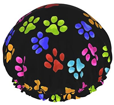 Shower Cap Dog Paw Print Reusable Bath Shower Caps For Women Long Hair,Double Layer Waterproof Bathing Shower Hat Hair Protector For Kids Girls Women,1 Pack