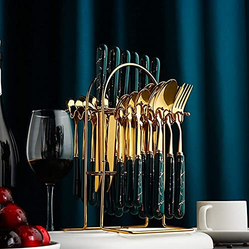 Juego de cubiertos de acero inoxidable dorado para servir 6 juegos con asas de cerámica, juegos de cubiertos con soporte para colgar (color: dorado con mango verde esmeralda)