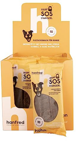 Hanfred SOS Stangerl Hühnerfleisch getrocknet mit Hanfpulver - Hundeleckerli, getreidefrei, bei Unruhe, gegen Stress, unterstützt die Verdauung und Gelenke, 16 x 65g in Kartondisplay
