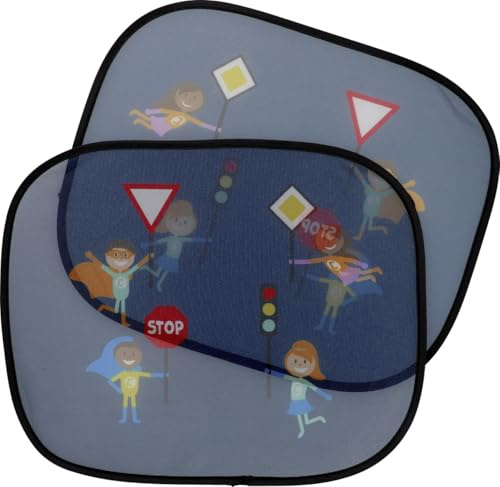 cartrend Auto-Sonnenschutz HERO​, schützt vor Hitze und UV-Strahlen, mit Saugnapf, buntes Design für Kinder, 2er Set, blau