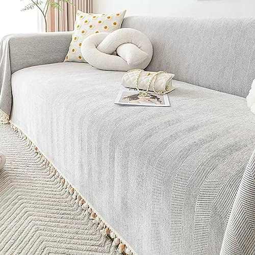 Homxi Sofaüberwurf 4Sitzer,180x400CM,Couch Überzug Einfarbig mit Quaste Überzug Sofa Chenille Sofa Handtuch Hellgrau Couch Überzug