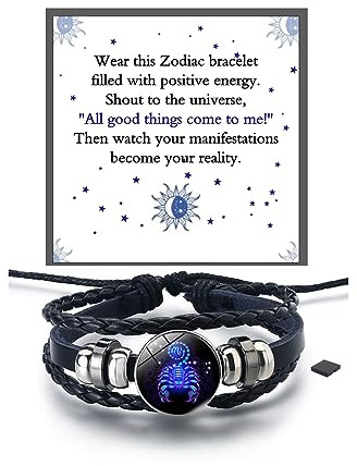 LIU JUN Zodiac Signs Spirit Bracelet For Women, Multilayer Adjustable Twelve 12 Constellation Leather Handmade Woven Glow in the Dark Wristband Men Lover Gifts Jewelry, M, Zinc, no gemstone