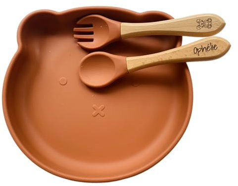 Ensemble repas personnalisé pour enfant : Assiette à ventouse, couverts assortis - Idéal pour Bapteme et naissance - Cadeau unique pour bébé - Kit Coffret Diner en couleur Ocre, un présent pratique.