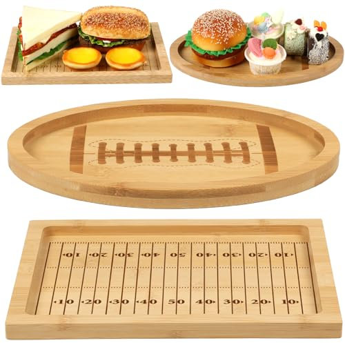 QOUBAI 2pcs Football Serving Tray Decorations Wooden Football Plates Serving Dishes Rugby Serving Trays and Platters Football Season Decor for Party, BBQ, Team Celebration and Tailgate Party