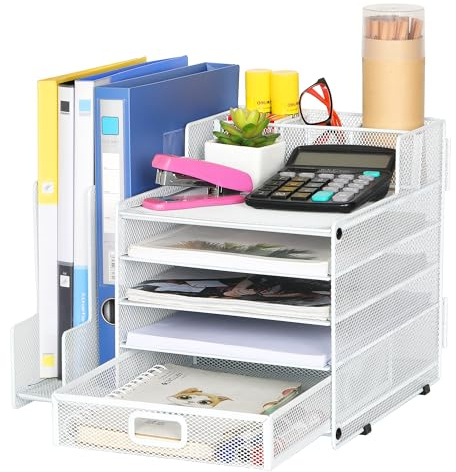 TQVAI Briefablage 5 Fächer Metall Stehsammler Dokumentenablage mit Schublade A4 Papierablage Vertikale Ablage Zeitschriftensammler Zubehör Organizer für Büro Zuhause Schule, Weiß