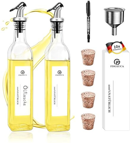 SIAZIH Ölspender Glas 500ml, 2 Ölflasche mit Ausgießer(silbrig), Olivenöl Flasche mit Stilvolle Weiße DIY-Etiketten, Öl und Essigspender, Ölflaschen zum Befüllen für BBQ und Kochen