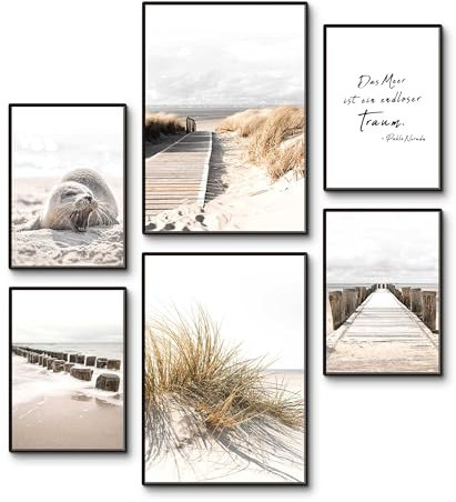 ARTLAND Premium Posterset 6er Set mehrteilig 2x A3 + 4x A4 6-teilig moderne Poster für Deko Bilderwand in Wohnzimmer Schlafzimmer OHNE RAHMEN - Strand Impressionen
