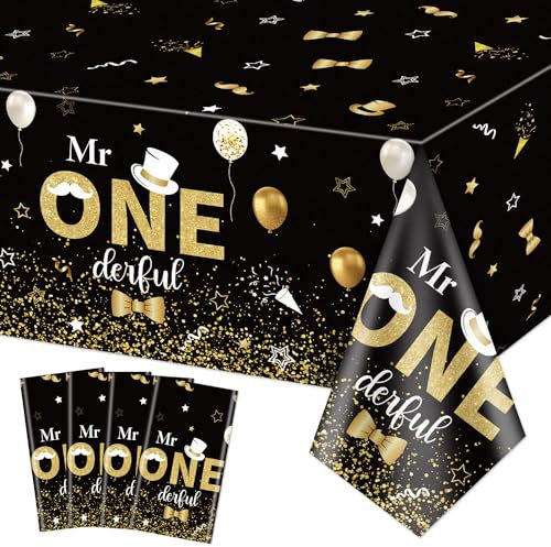 4 Stück Mr Onederful 1. Geburtstag Tischdecken - Rechteckige Schwarz Gold Tabelle deckt 1. Geburtstag Dekorationen für Jungen Kinder Baby ersten Geburtstag Dusche Party Supplies, 130x220cm