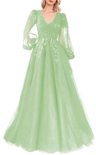 V Neck A Line Prom Dress Long for Women Bridesmaid Dress Long Sleeve Formal Party Gowns YIAX172 Sage Green UK22