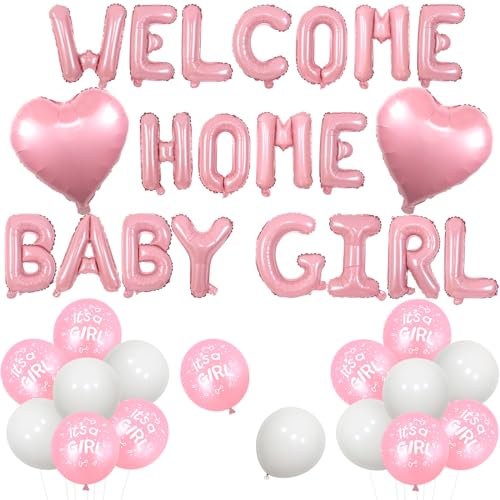 Jollyboom Rosa Willkommen Zuhause Baby Mädchen Ballon Banner Herz Folienballons Luftballons für Mädchen Neugeborene Geburtstag Babyparty