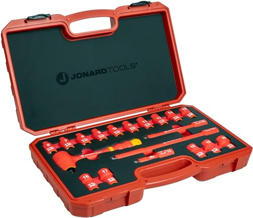 Jonard Tools INSS-19M Steckschlüsselsatz, isoliert, 1000 VAC, 19-teilig, metrisch, mit 3 Verlängerungen und 3/8-Zoll-Antriebsratsche mit 72 Zähnen