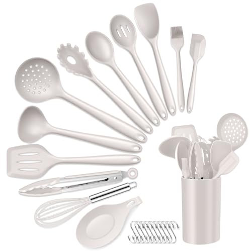 HaWare Kitchen Utensils Set, 13 Piece Silicone Cooking Utensils Set with Holder, Heat Resistant Kitchen Tools Include Turner Spatula Spoon, Non-Stick Cookware Friendly & Dishwasher Safe - Khaki