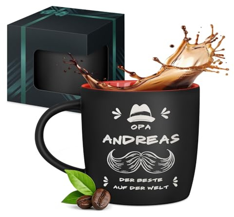 Maverton schwarzer Keramik Kaffeebecher 400ml mit Gravur, Kaffeetasse | Kaffeebecher aus Matt Keramik mit Henkel, Trinkbecher für Männer zum Geburtstag zu Weihnachten, matt schwarz, Innen rot, Opa