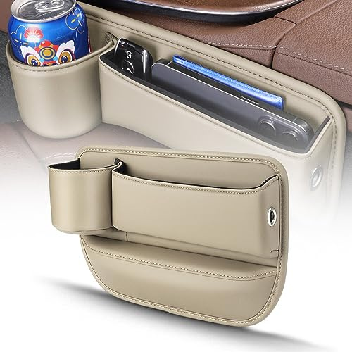 Car Leather Cup Holder Gap Bag,Car Seat Gap Storage Box, Leather Cup Holder Gap Organizer Bag with Cup Holder for Phones Glasses Keys Cards (Beige,Passenger)