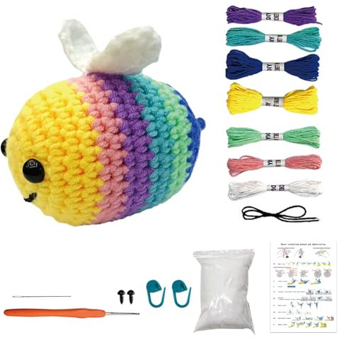 MJARTORIA Strickset Häkelset für Anfänger Tiere, Häckeln Stricken für Anfänger Set mit Anleitung, Kreativ Strickset Bastelset Erwachsene Kinder Geschenk(Mehrfarbig Biene)