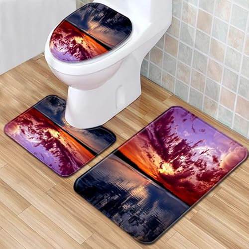 Bad Teppiche Set 3-Teiliges Lila Orange Wolken WC Vorleger Mit Ausschnitt Badematte Saugfähig WC Deckelbezug Badvorleger rutschfest Waschbar Toilettensitzbezug Badgarnitur (45x75cm)